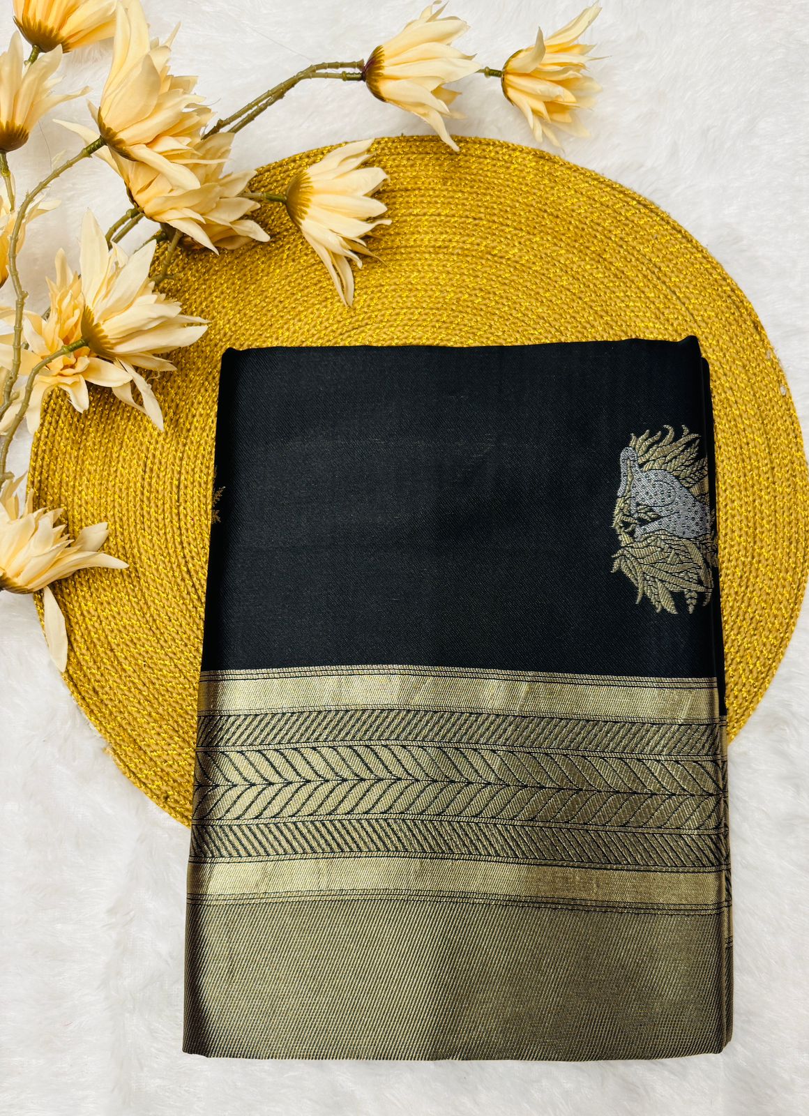 Black Silk Saree with Antique Gold Sun Motifs