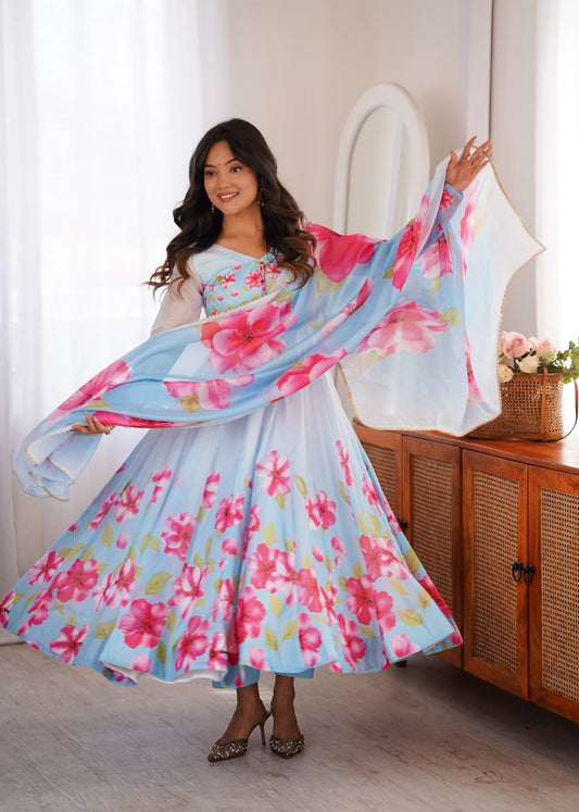Blossom Sky Blue Floral Anarkali Suit Set with Printed Dupatta