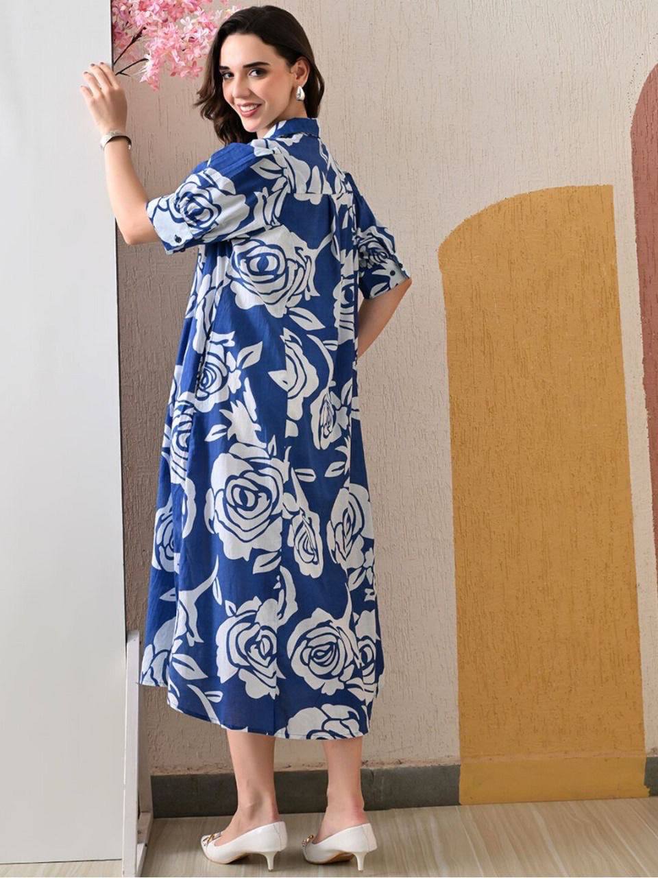 Blue Blossom Breeze Cotton A-Line Midi Dress for Women