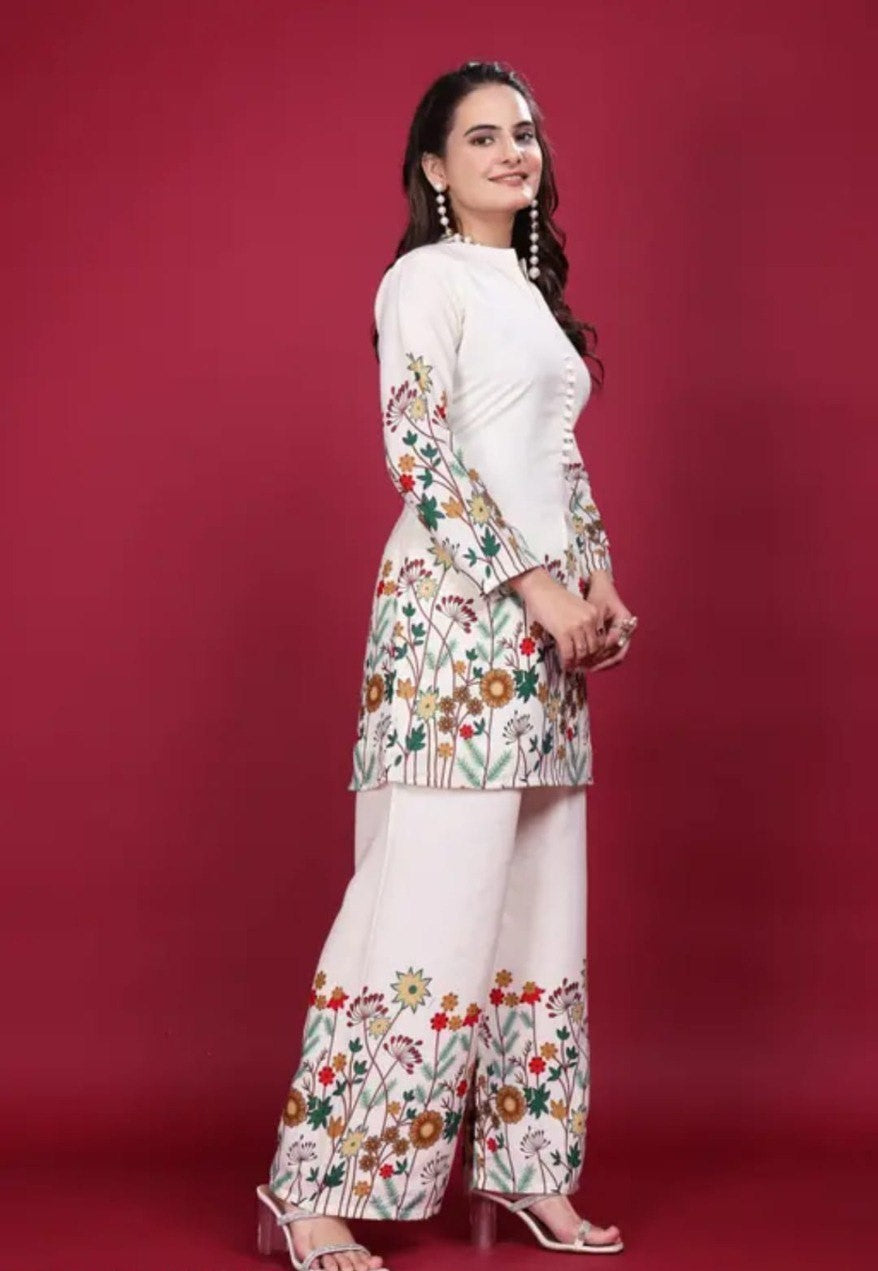 Ivory Floral Printed Kurta Palazzo Set