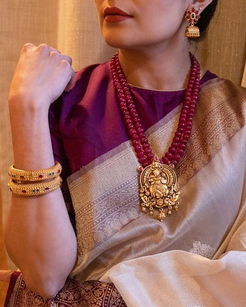 Off-White Silk Saree with Royal Purple Banarasi Border