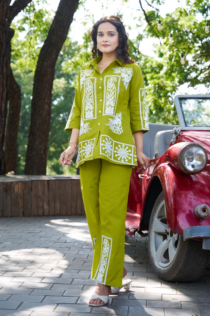 Olive Bloom Embroidered Co-Ord Set for Women