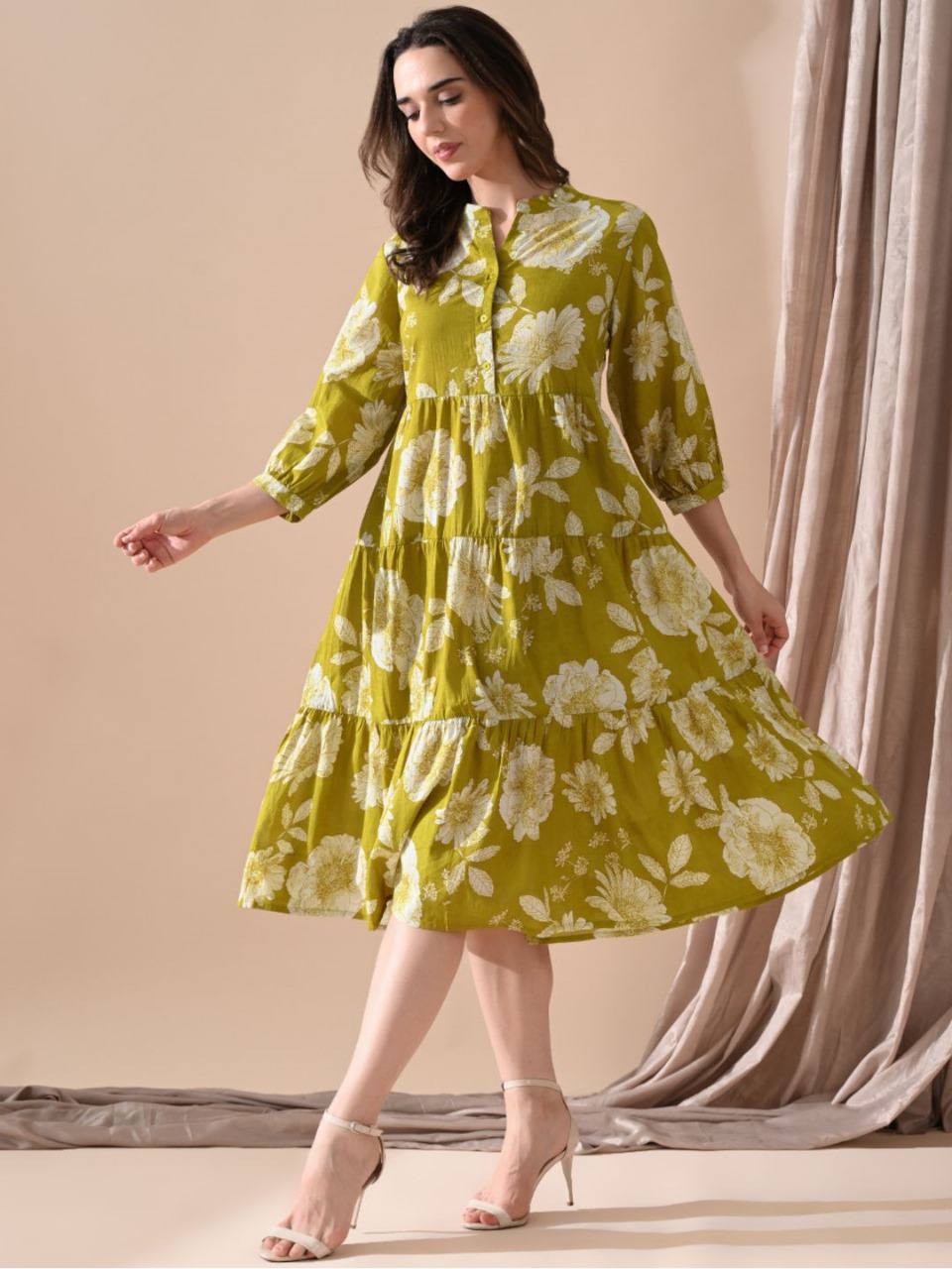 Olive Green Floral Printed Tiered Midi Dress for Women