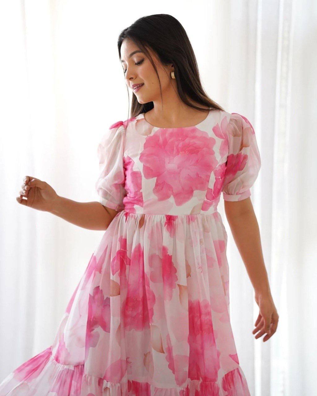 Rosé Bloom Organza Midi Dress for Women
