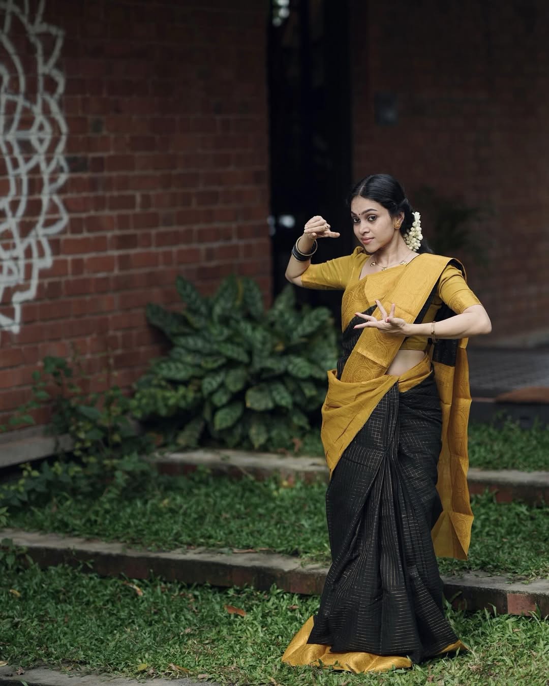 Royal Black & Mustard Zari Border Soft Silk Saree