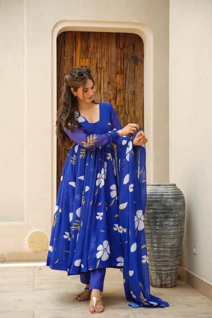 Royal Blue Floral Anarkali Kurta Set with Dupatta