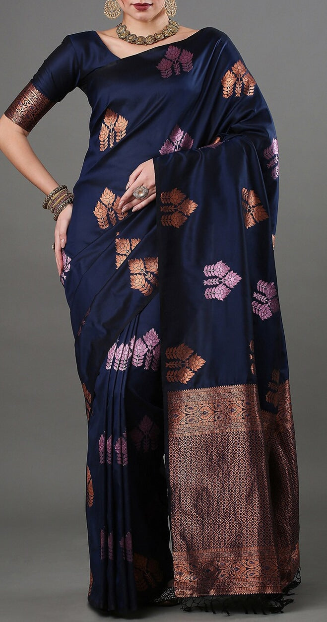 Royal Navy Blue Woven Silk Saree