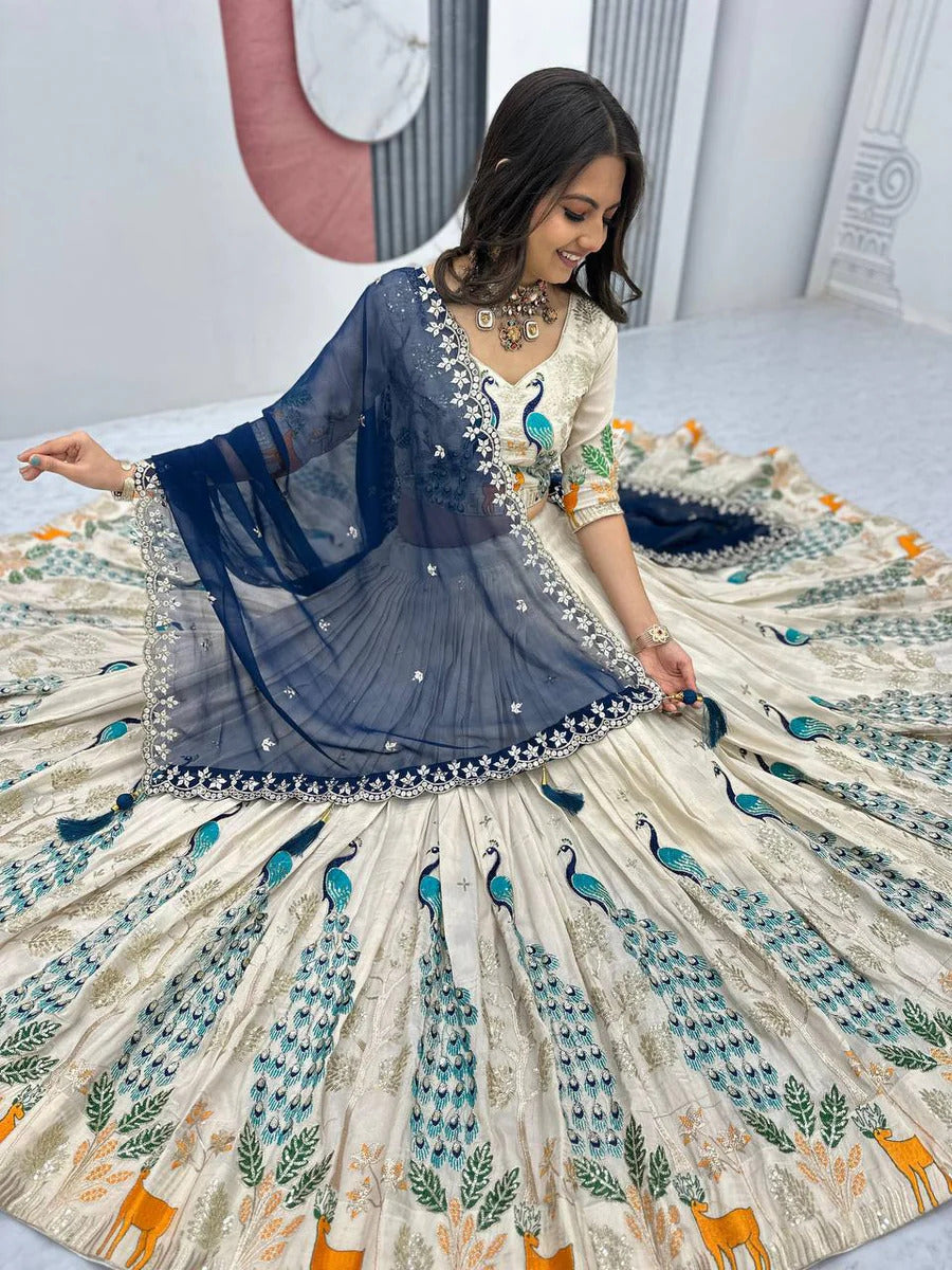Royal Peacock Embroidered Lehenga Choli with Navy Blue Dupatta