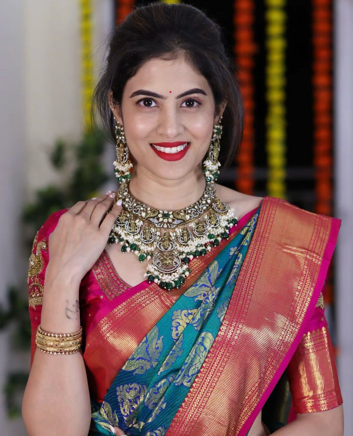 Royal Teal Silk Saree with Contrast Magenta Zari Pallu
