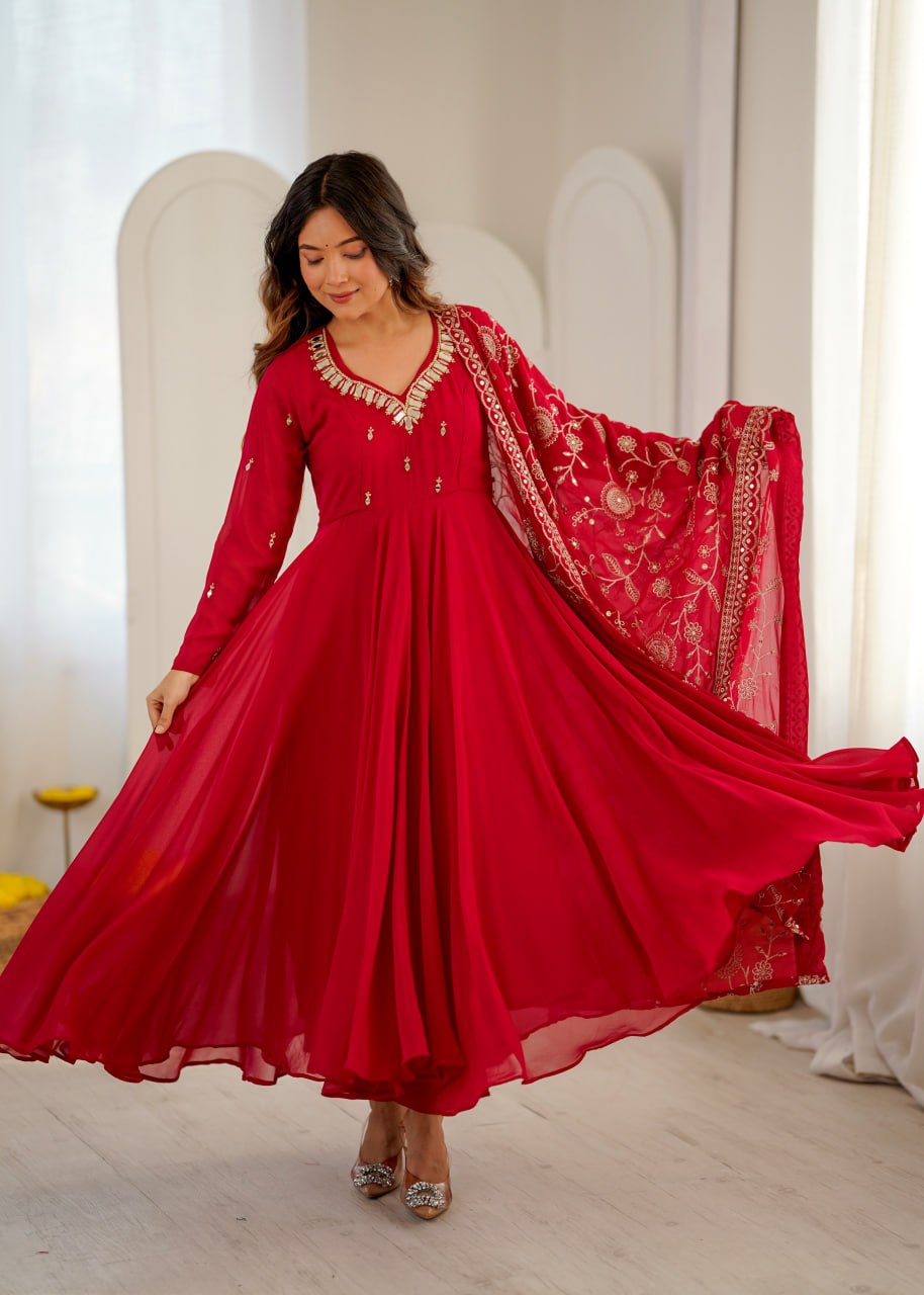 Ruby Red Khatli Mirror Work Designer Anarkali Suit Set