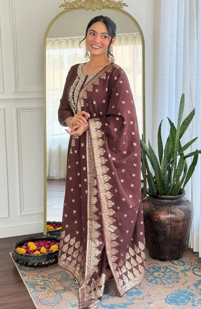 Silkyara Mocha Elegance Embroidered Kurta Set with Dupatta