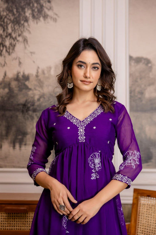 Silkyara Royal Purple Embroidered Anarkali Kurta Pant Set