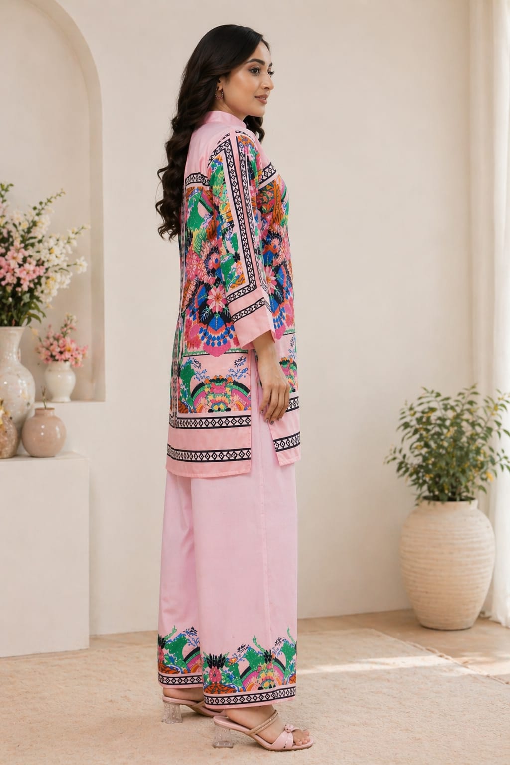 Turkish Pink Floral Printed Kurta Palazzo Set