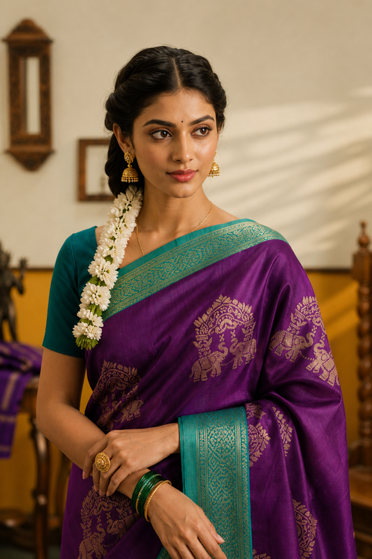 Elephant Zari Motifs Art Silk Saree