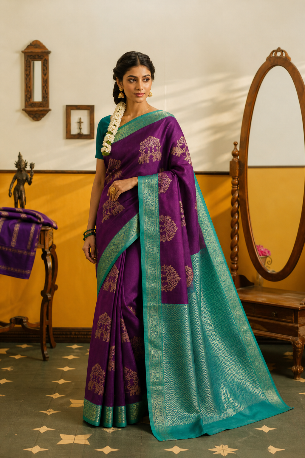 Elephant Zari Motifs Art Silk Saree