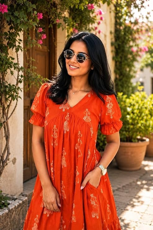 Orange Sunset Charm Printed Maxi Dress for Women