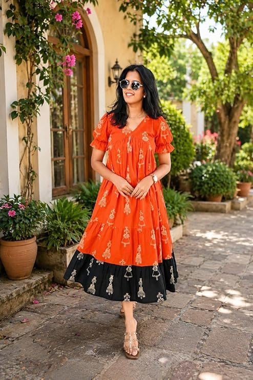 Orange Sunset Charm Printed Maxi Dress for Women