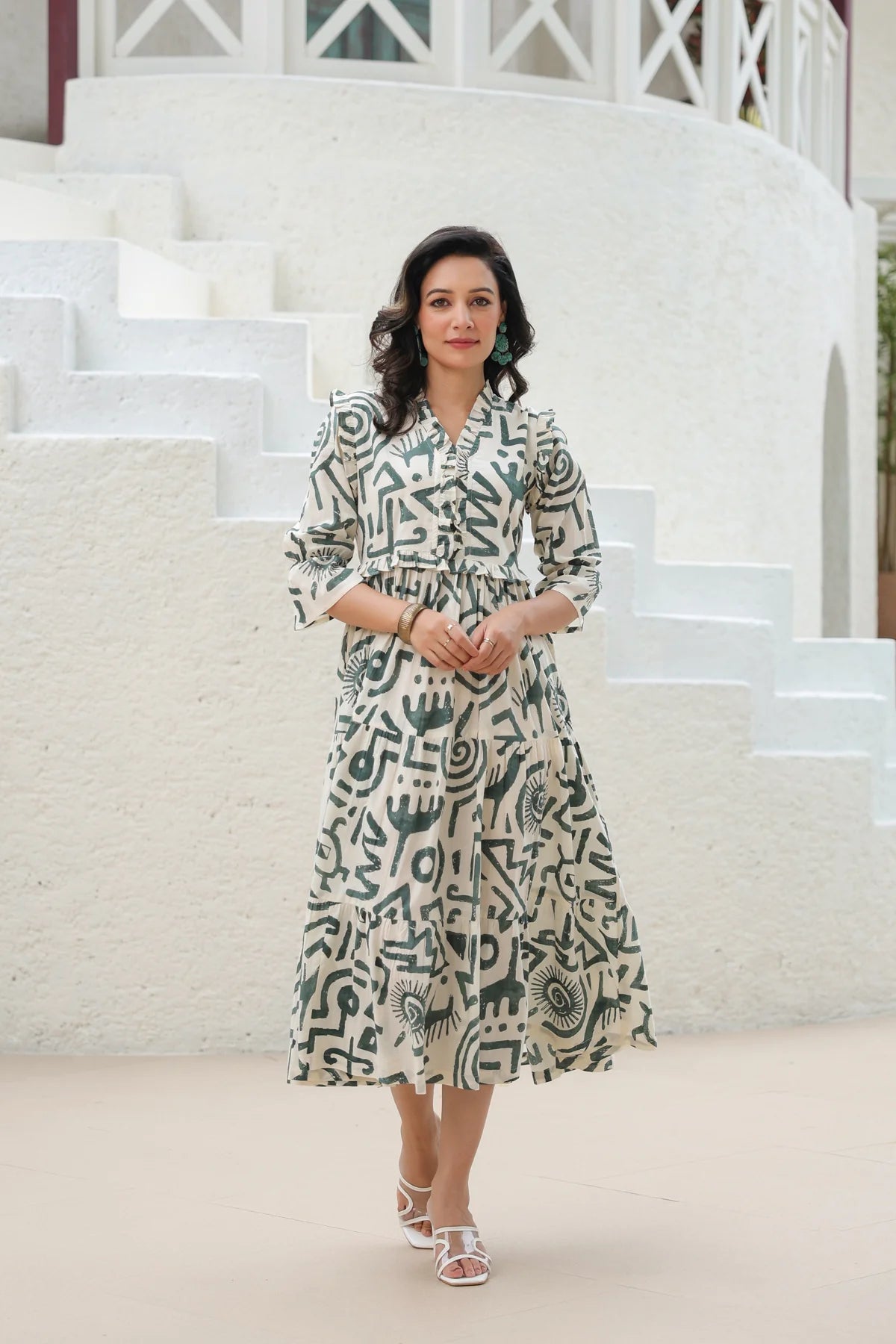 Abstract Print Cotton Tiered Midi Dress for Women
