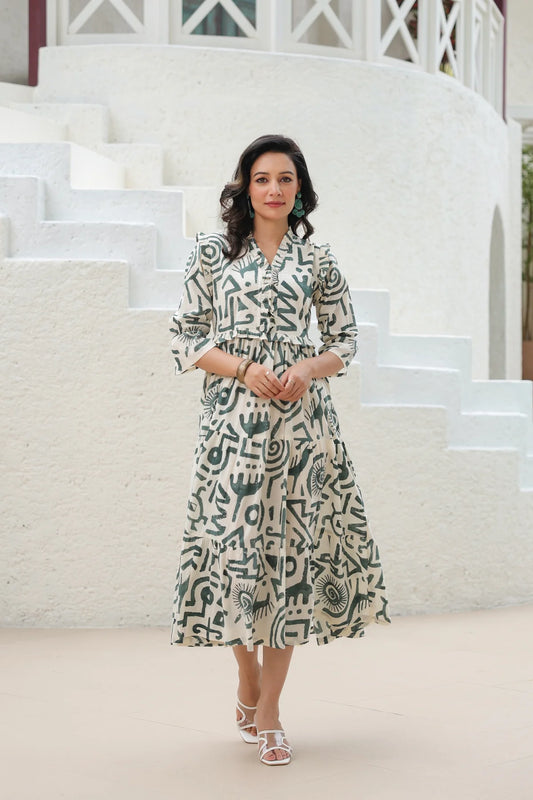 Abstract Print Cotton Tiered Midi Dress for Women