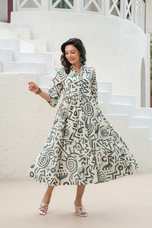 Abstract Print Cotton Tiered Midi Dress for Women