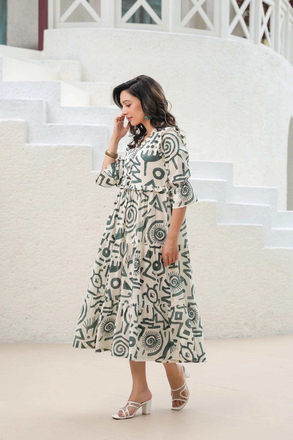 Abstract Print Cotton Tiered Midi Dress for Women