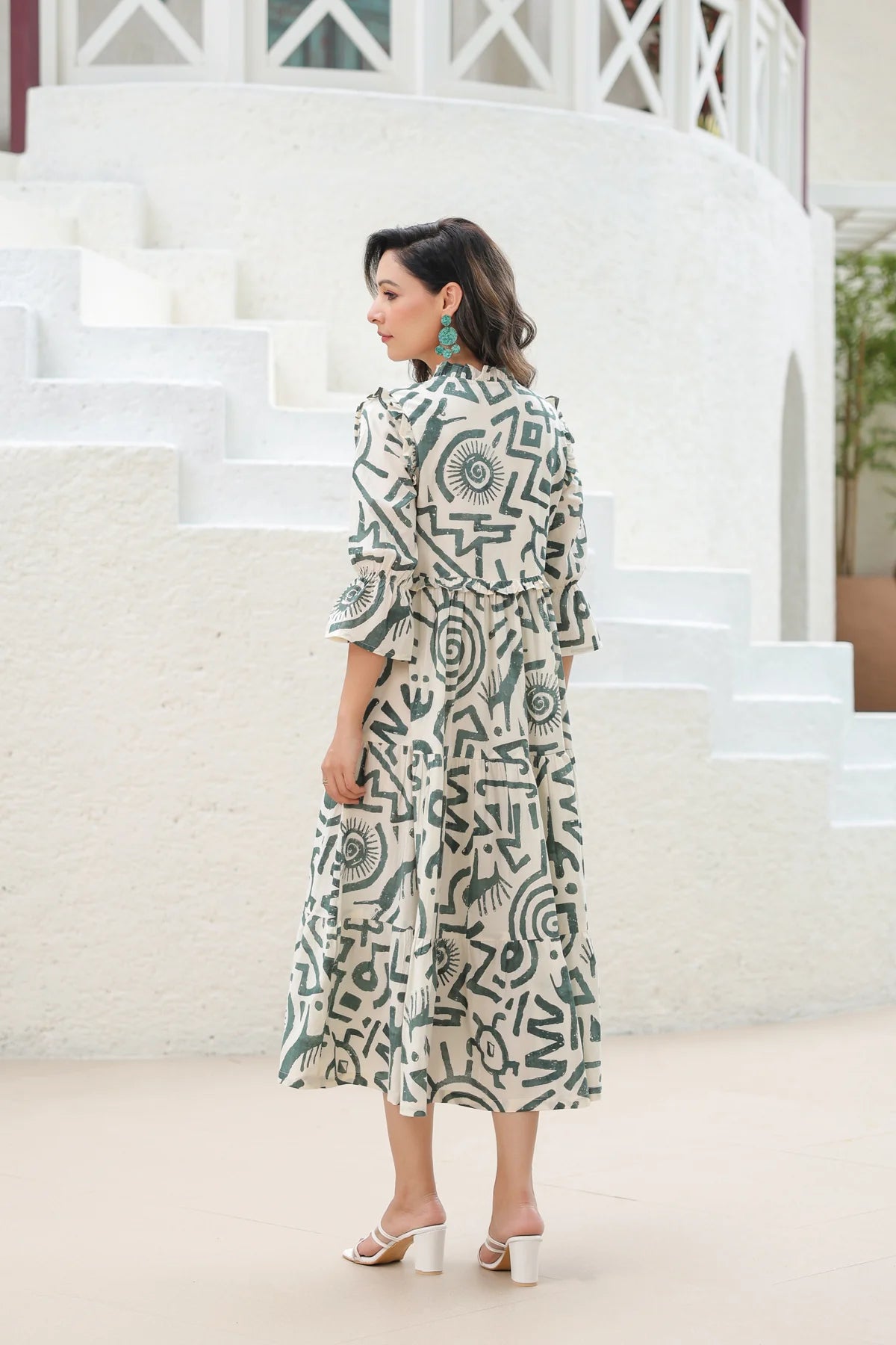 Abstract Print Cotton Tiered Midi Dress for Women
