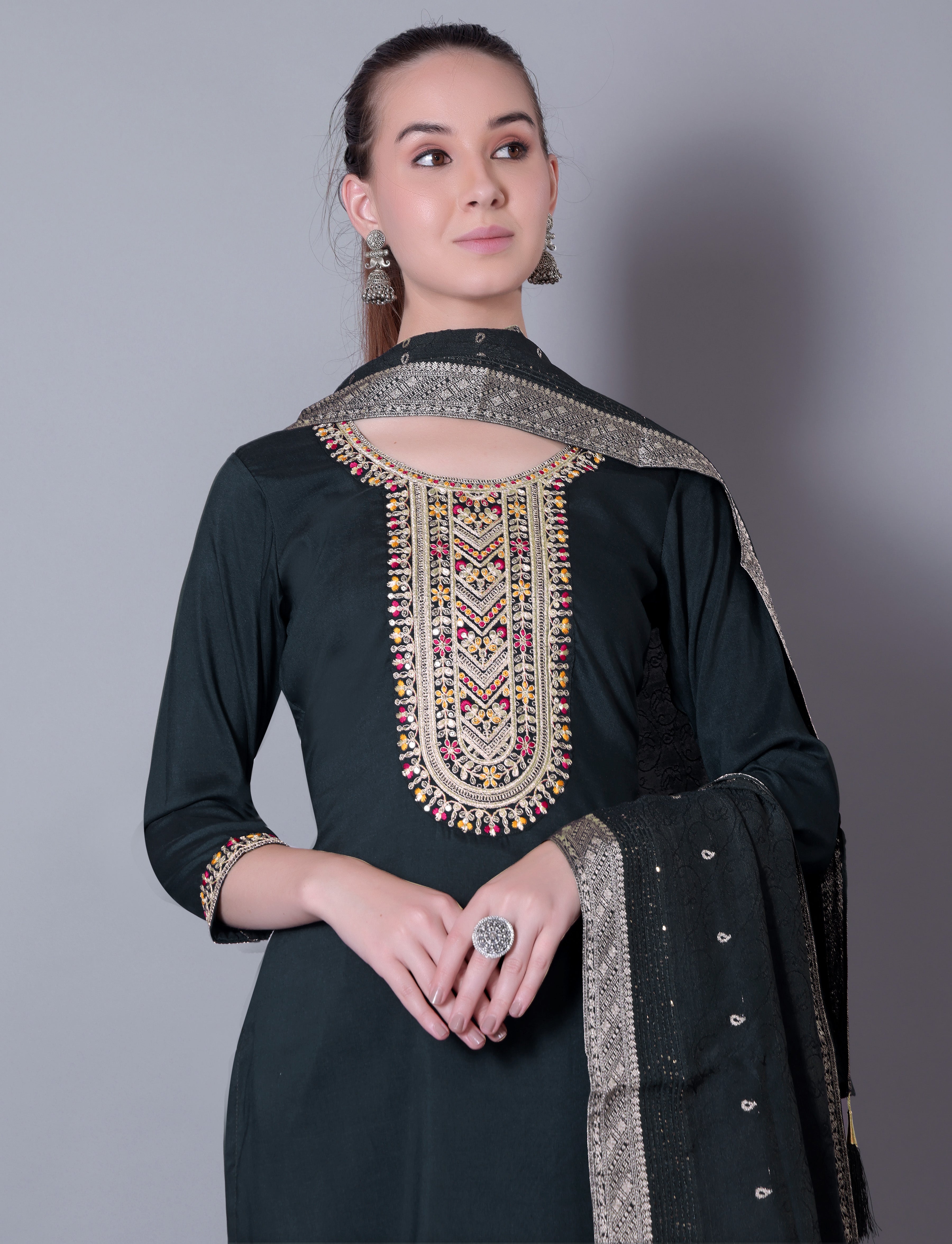 Apple Wine Embroidered Kurta Set with Dupatta