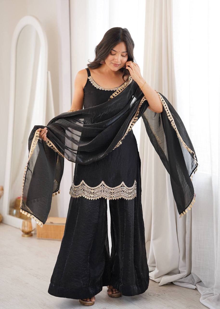 Black Embellished Kurta Palazzo Set with Dupatta for Women