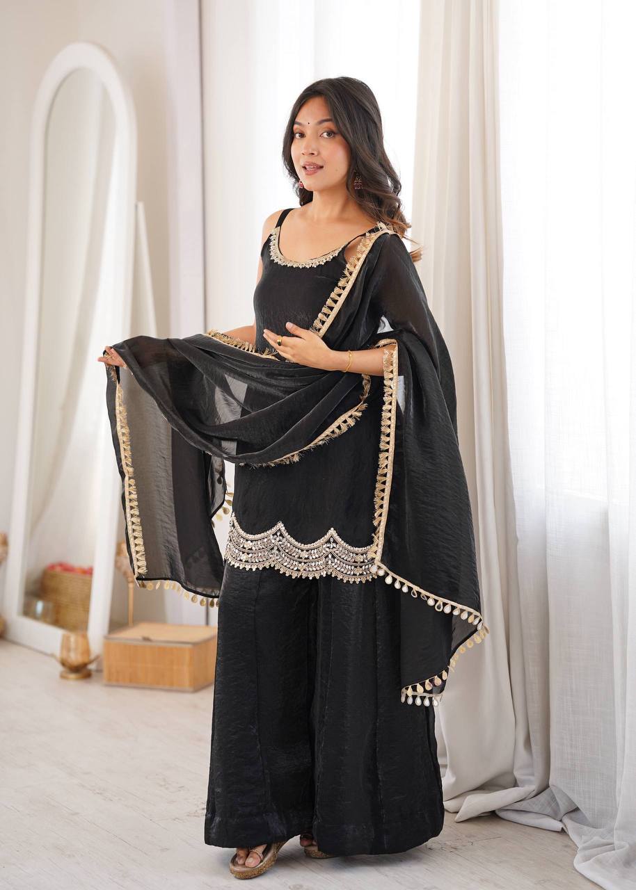 Black Embellished Kurta Palazzo Set with Dupatta for Women