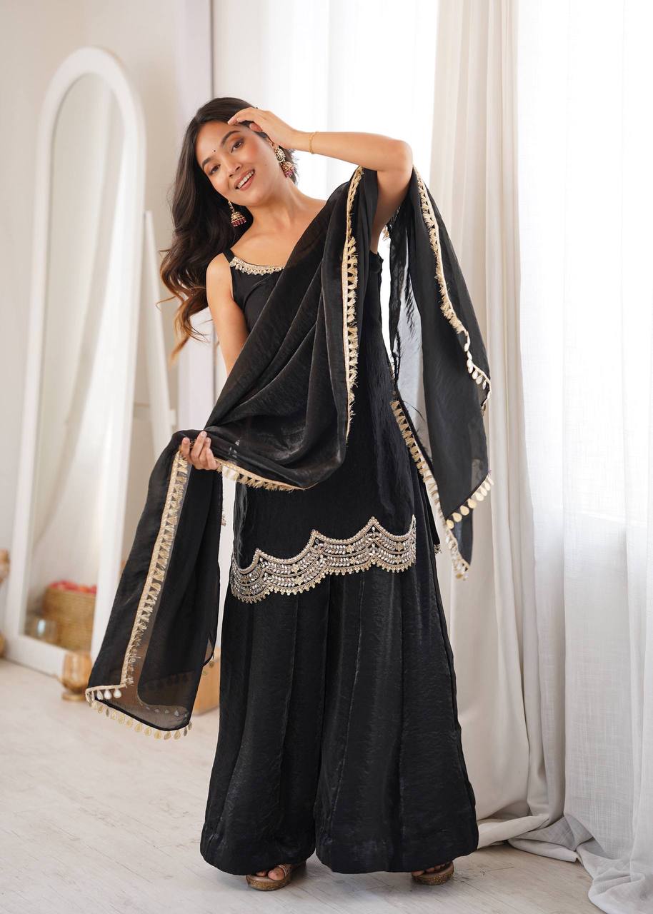 Black Embellished Kurta Palazzo Set with Dupatta for Women