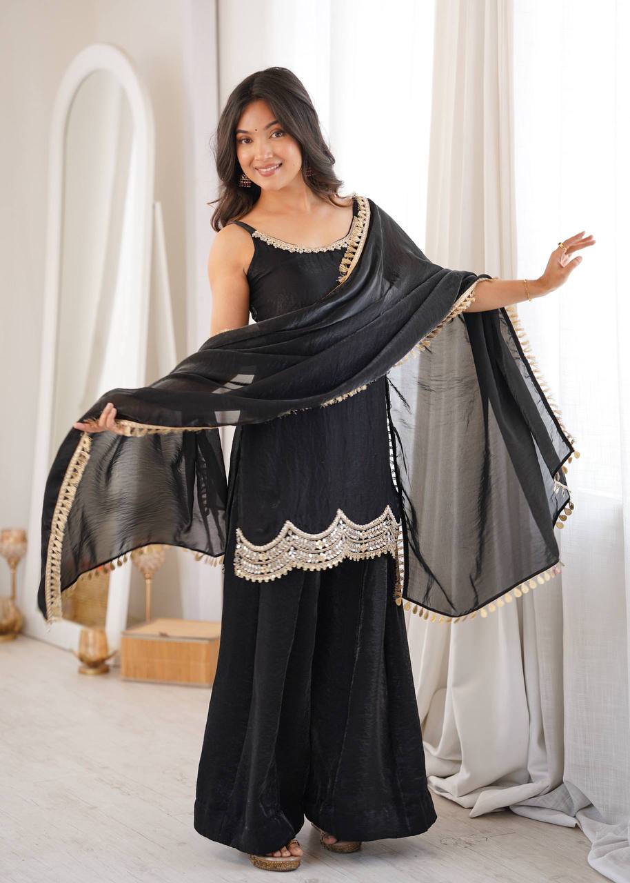 Black Embellished Kurta Palazzo Set with Dupatta for Women