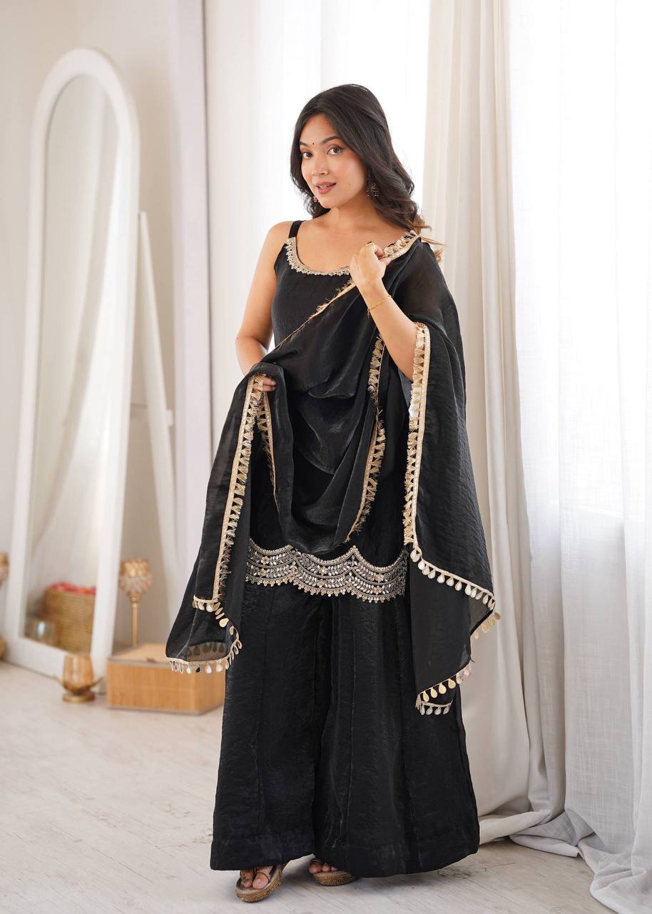 Black Embellished Kurta Palazzo Set with Dupatta for Women