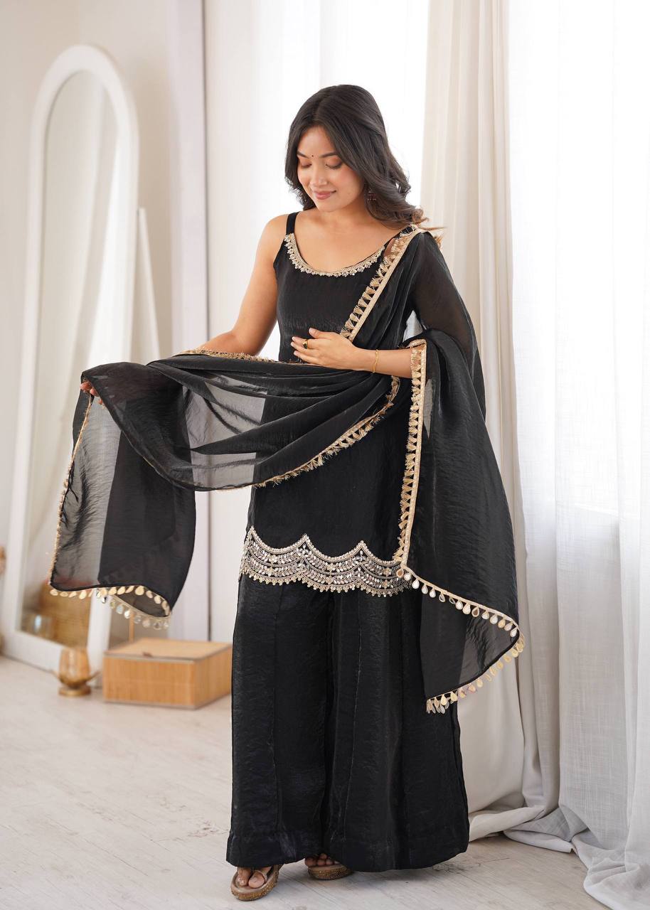Black Embellished Kurta Palazzo Set with Dupatta for Women