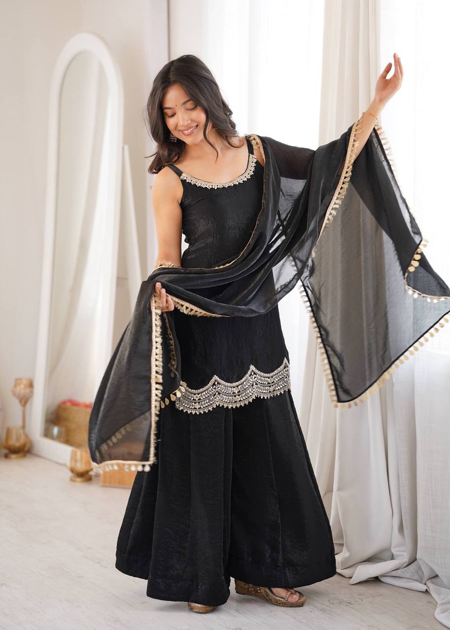 Black Embellished Kurta Palazzo Set with Dupatta for Women