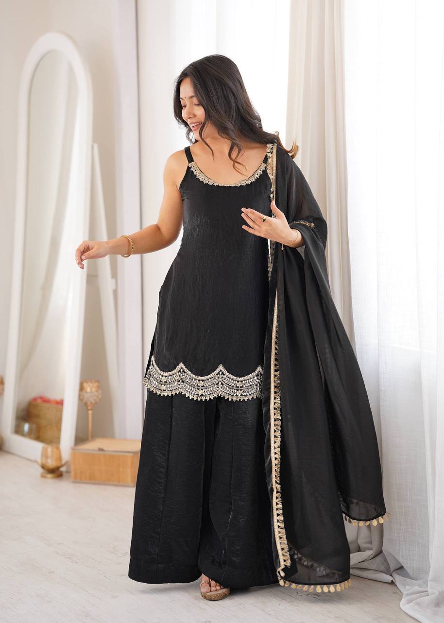 Black Embellished Kurta Palazzo Set with Dupatta for Women