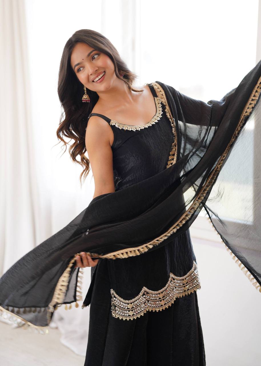 Black Embellished Kurta Palazzo Set with Dupatta for Women