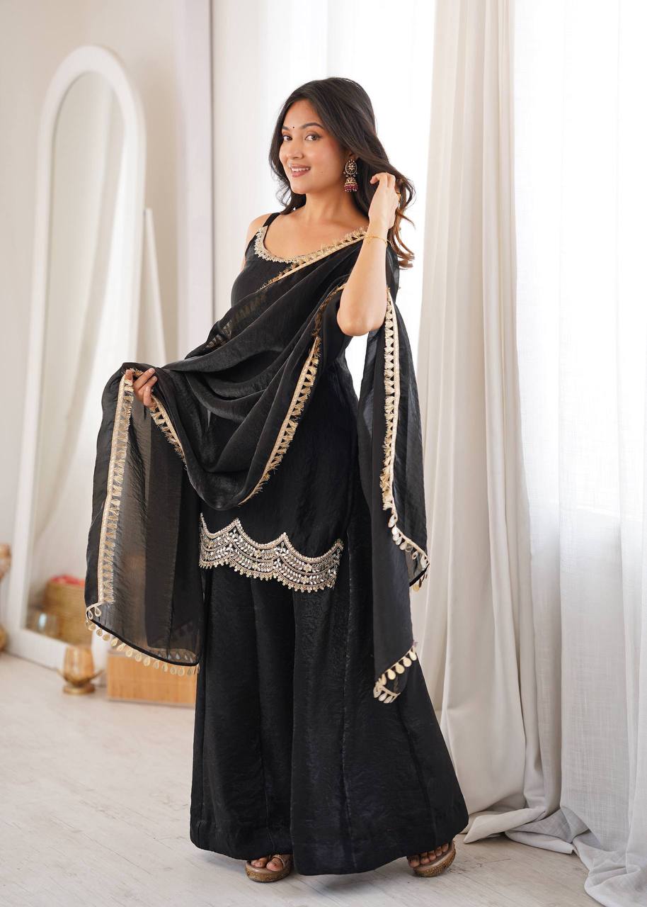 Black Embellished Kurta Palazzo Set with Dupatta for Women