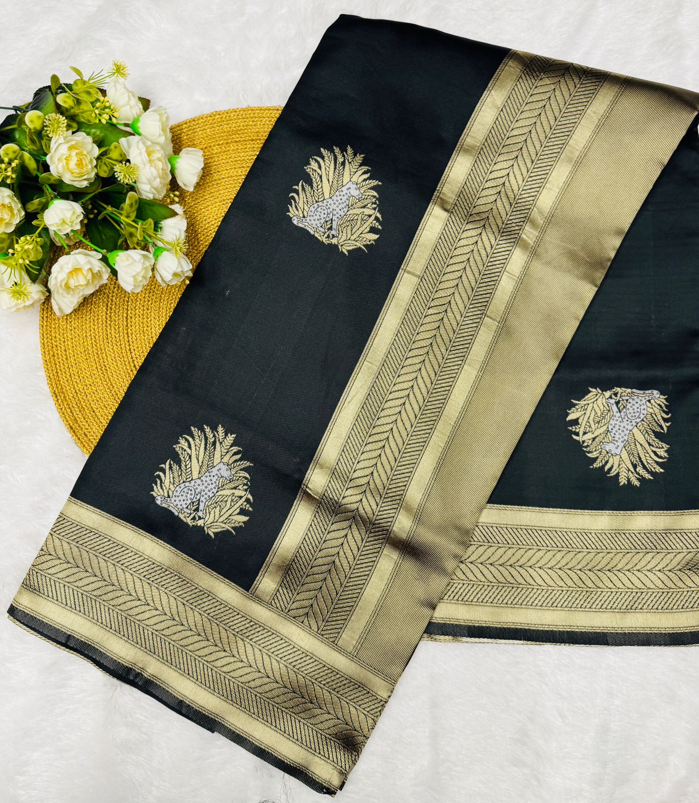 Black Silk Saree with Antique Gold Sun Motifs