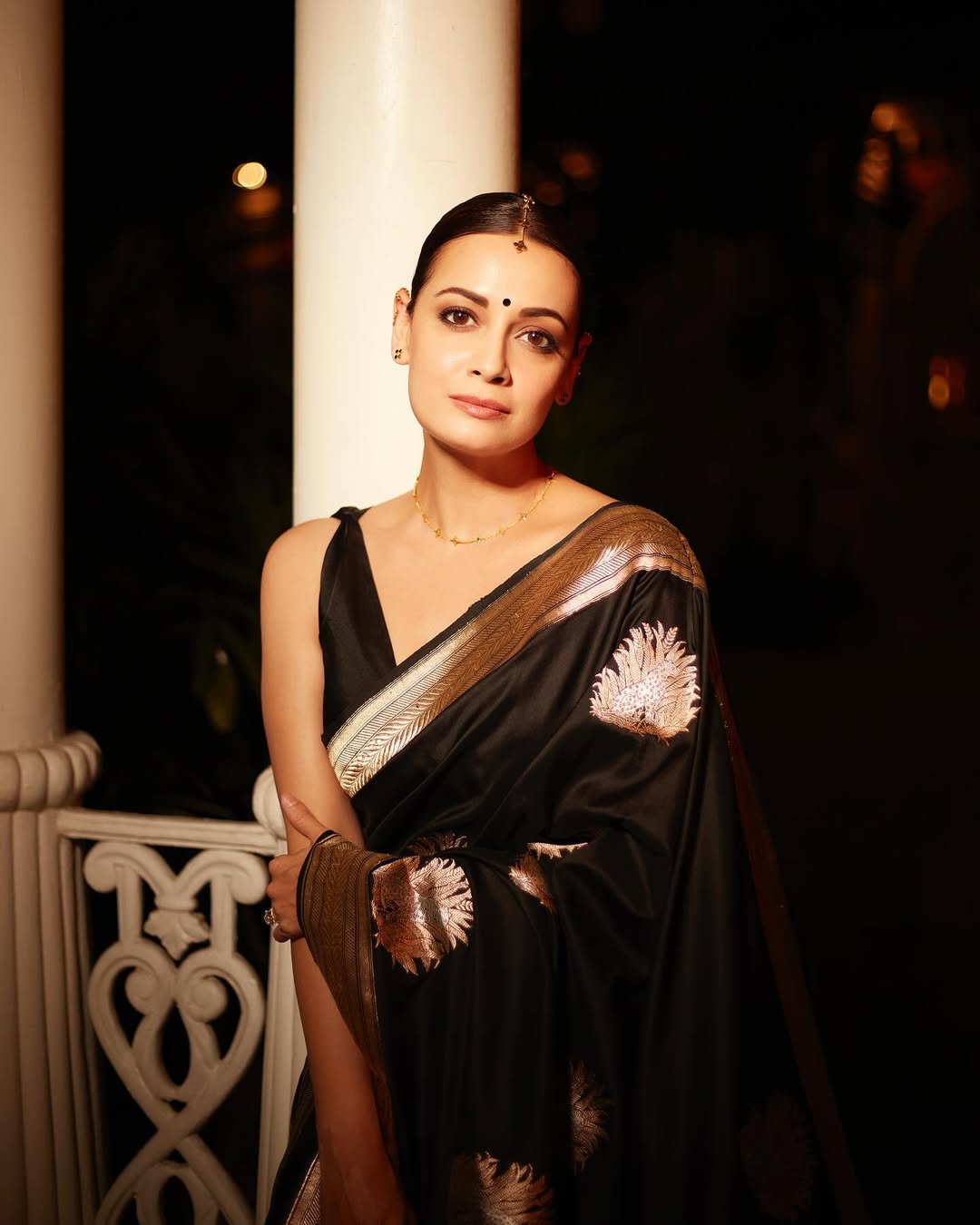 Black Silk Saree with Antique Gold Sun Motifs