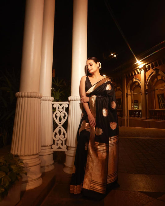 Black Silk Saree with Antique Gold Sun Motifs