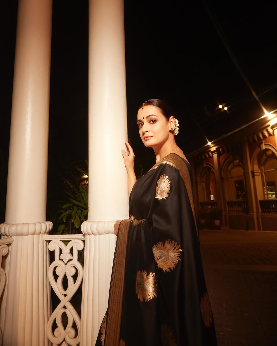 Black Silk Saree with Antique Gold Sun Motifs