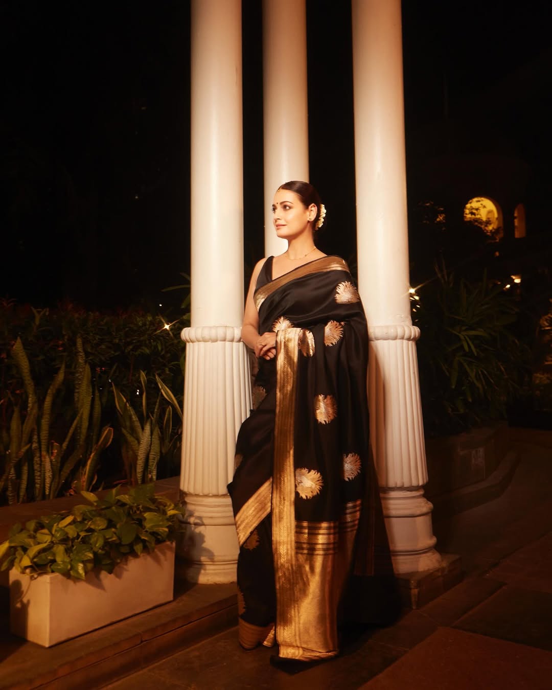 Black Silk Saree with Antique Gold Sun Motifs