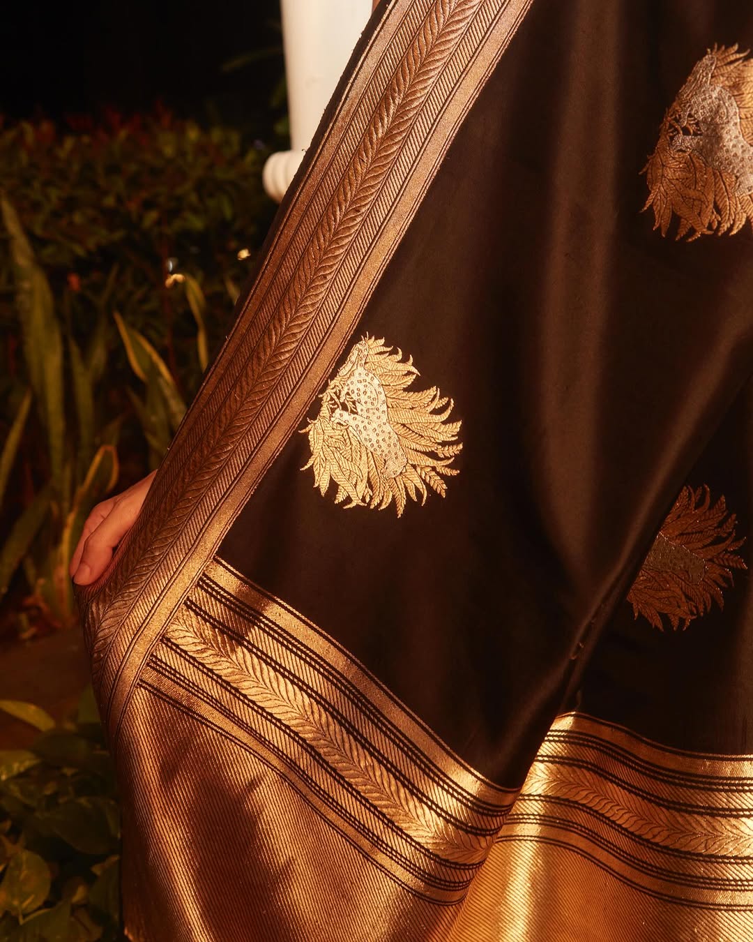 Black Silk Saree with Antique Gold Sun Motifs