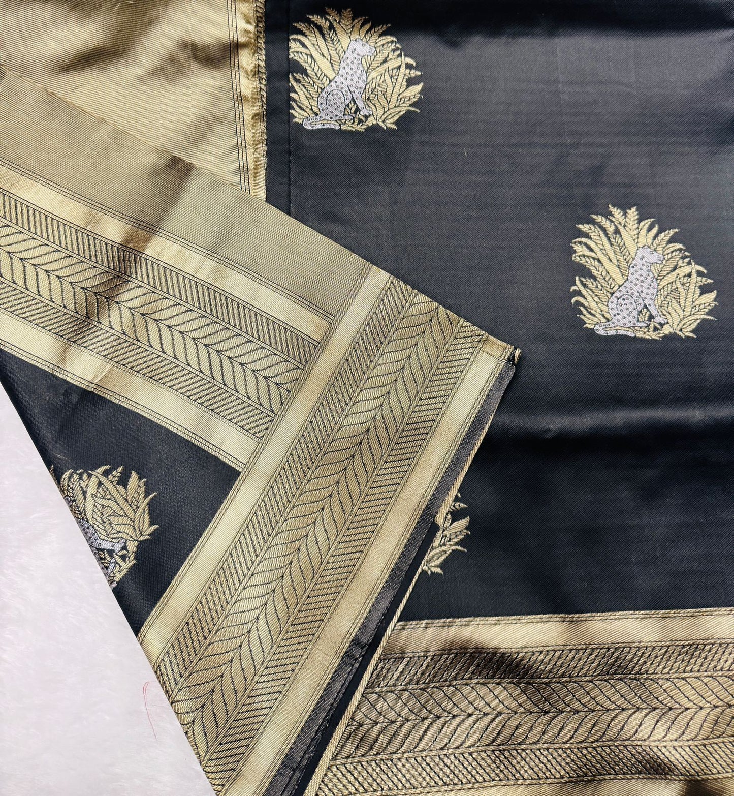 Black Silk Saree with Antique Gold Sun Motifs