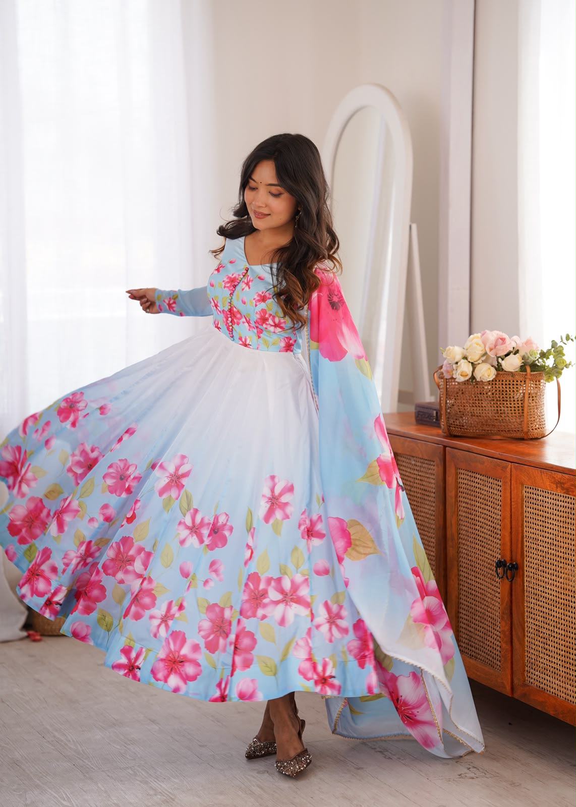 Blossom Sky Blue Floral Anarkali Suit Set with Printed Dupatta