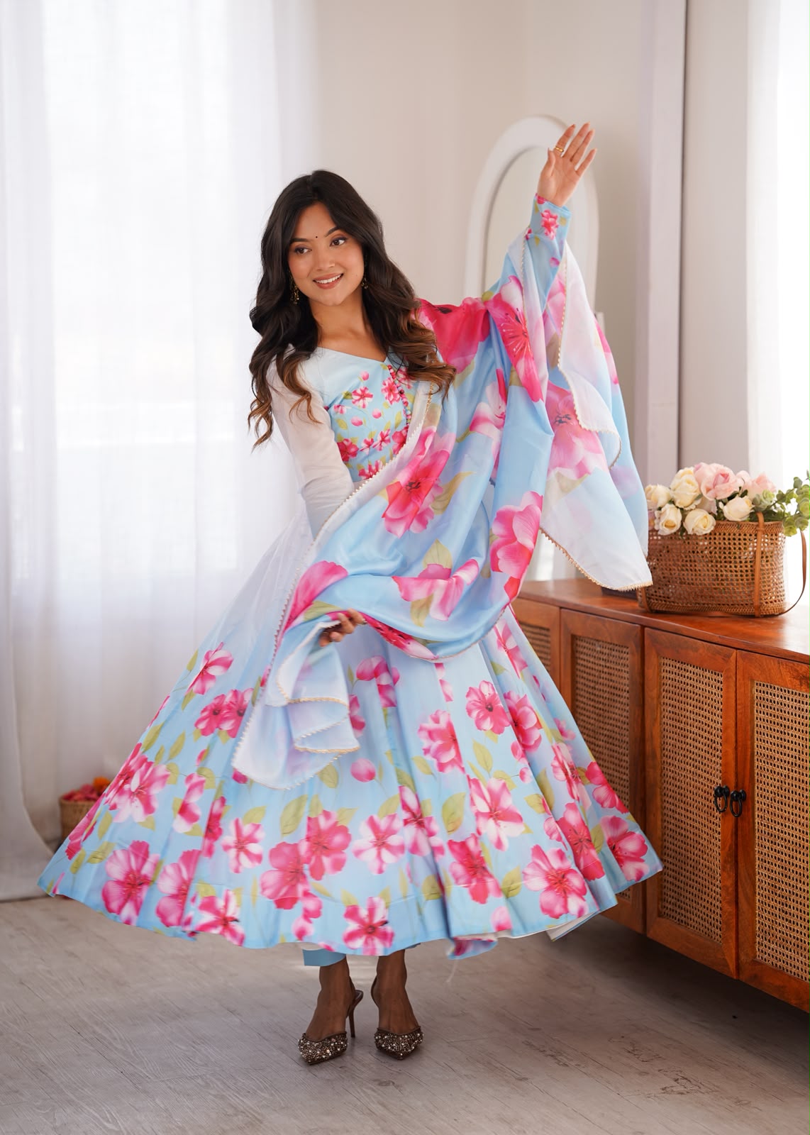 Blossom Sky Blue Floral Anarkali Suit Set with Printed Dupatta