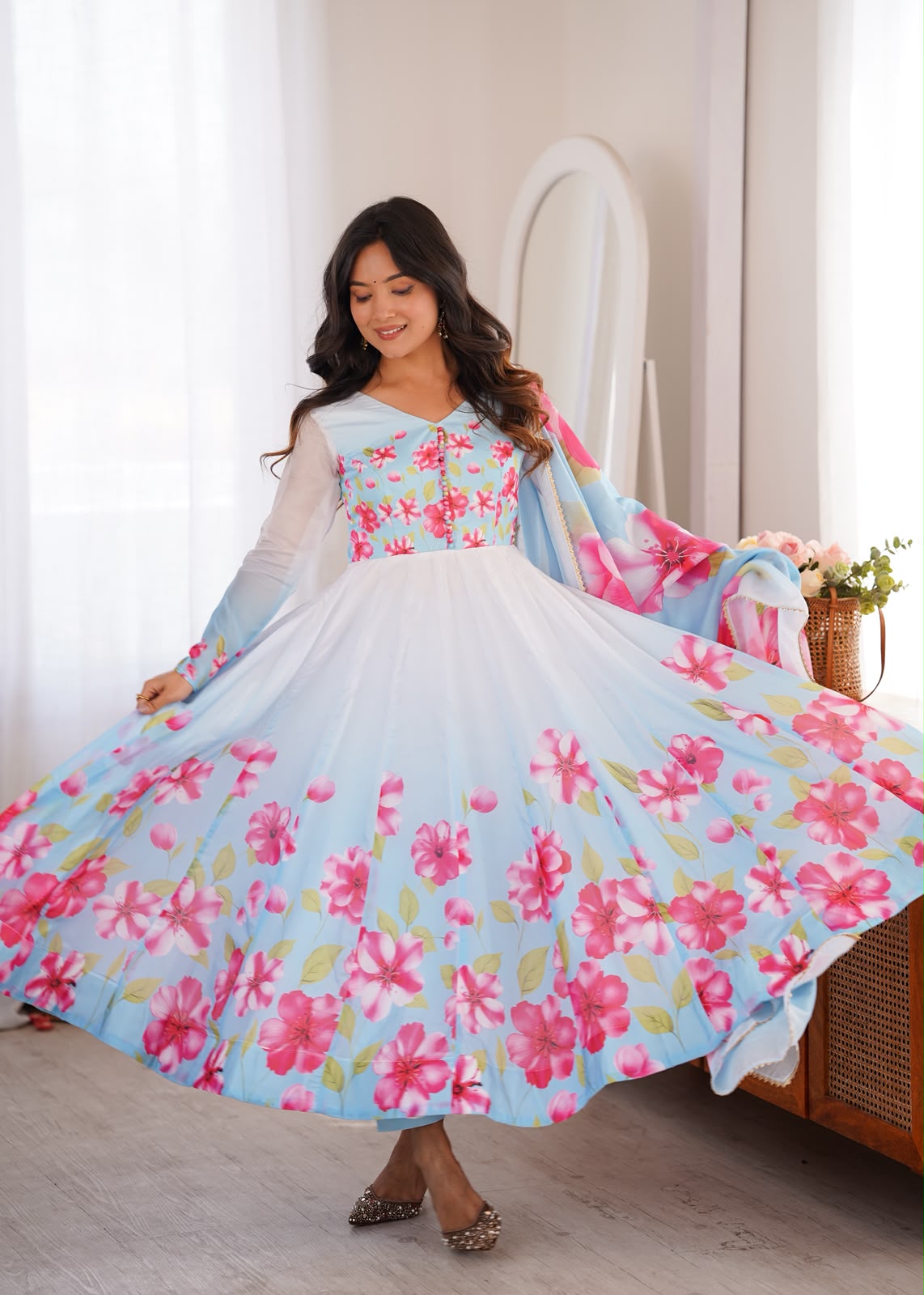 Blossom Sky Blue Floral Anarkali Suit Set with Printed Dupatta