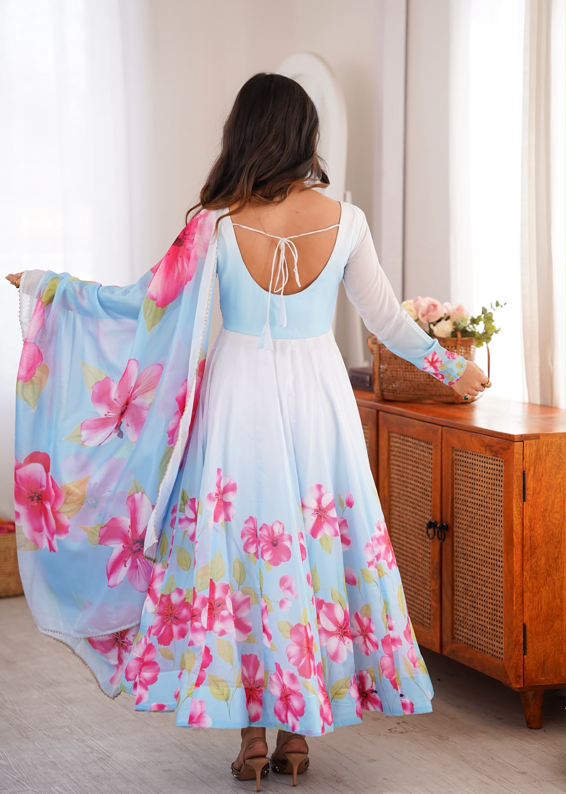 Blossom Sky Blue Floral Anarkali Suit Set with Printed Dupatta