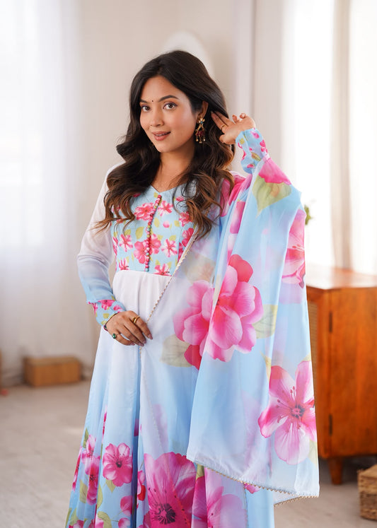 Blossom Sky Blue Floral Anarkali Suit Set with Printed Dupatta