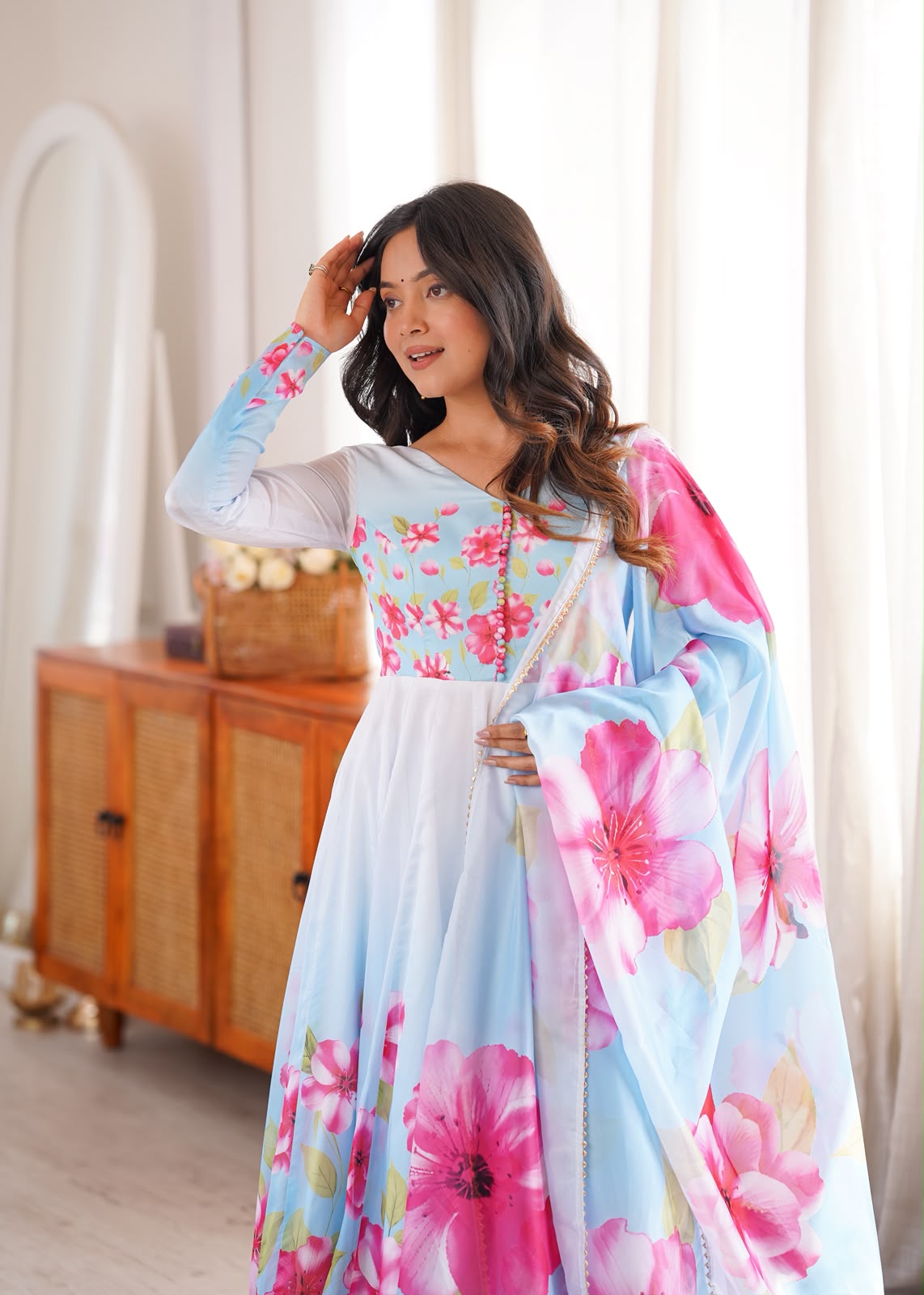 Blossom Sky Blue Floral Anarkali Suit Set with Printed Dupatta